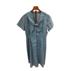 Vintage 1950s Blue Plaid Sailor Collar Button Front Midi Dress Schol Girl Sz L